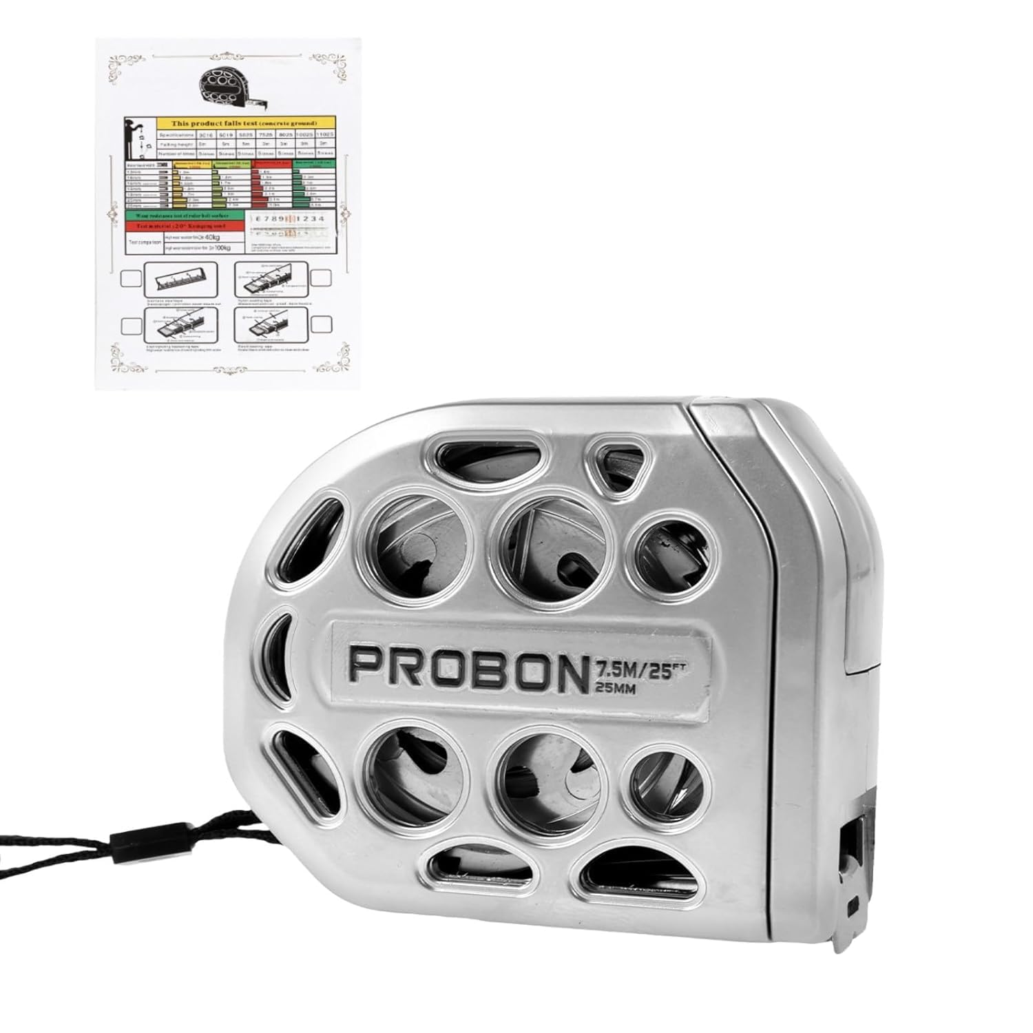 PROBON 25ft tape measure self-locking mechanism prevents recoil during measurement