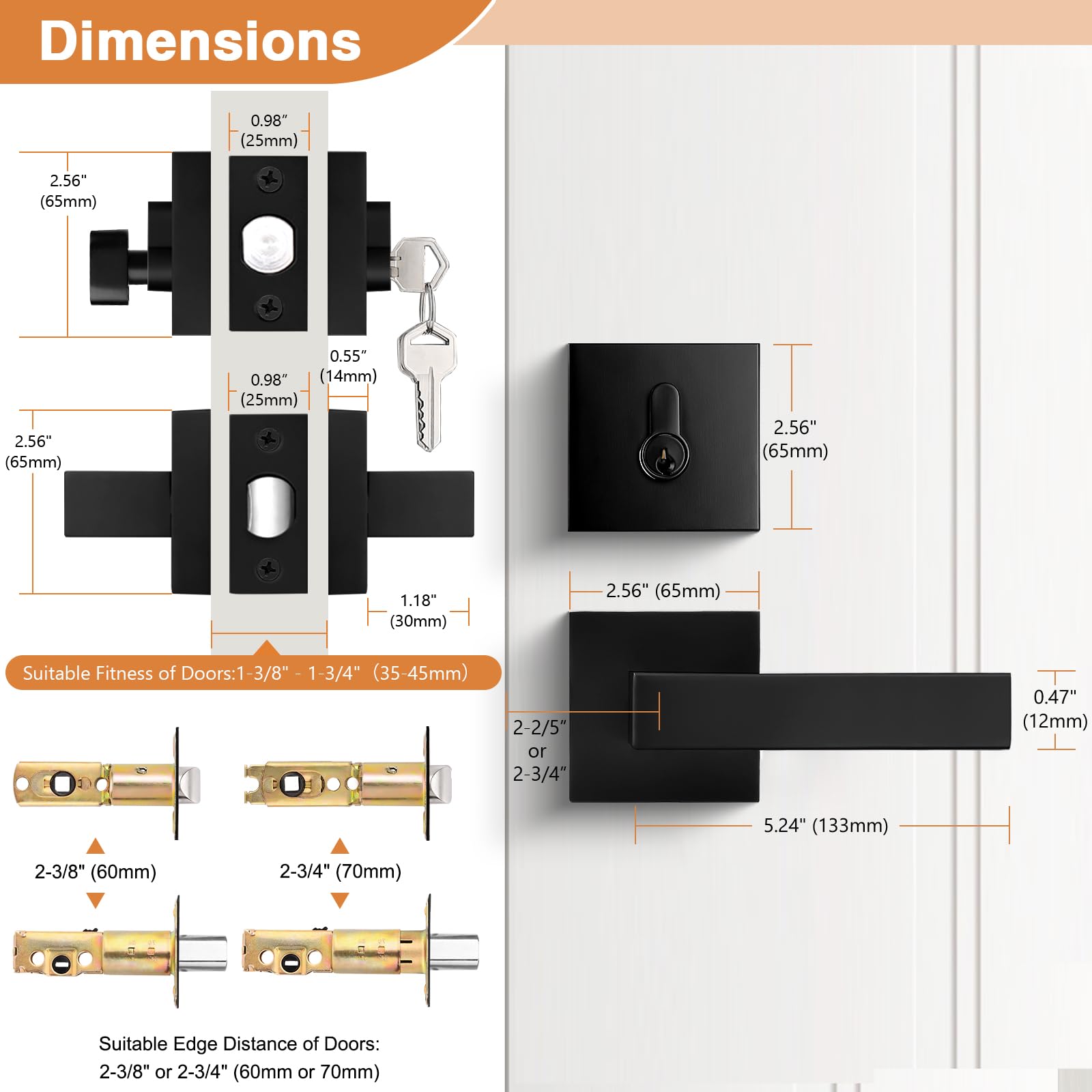 Probrico adjustable backset fits 2-3/8" or 2-3/4" doors.