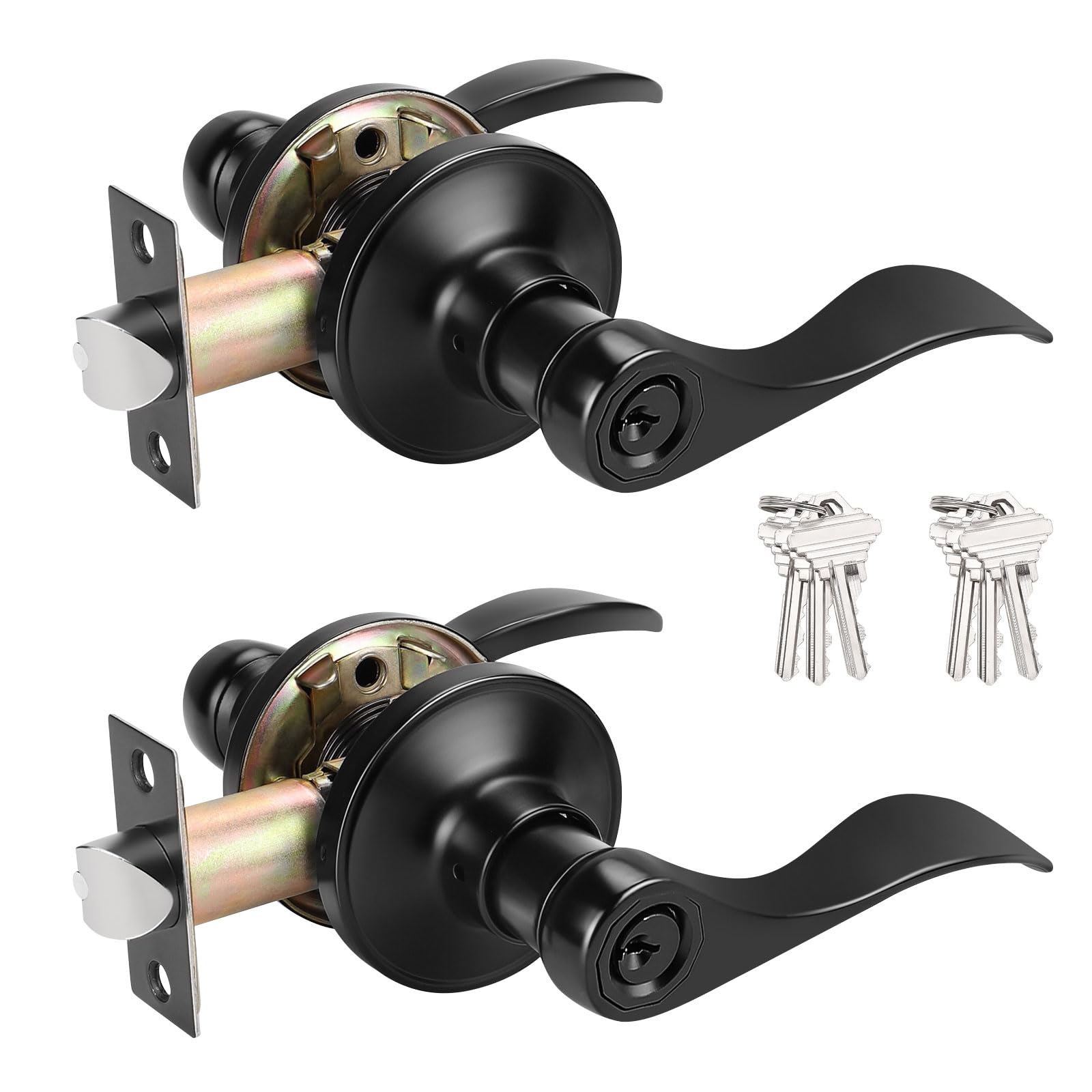 Probrico black entry door lever with lock for exterior access.