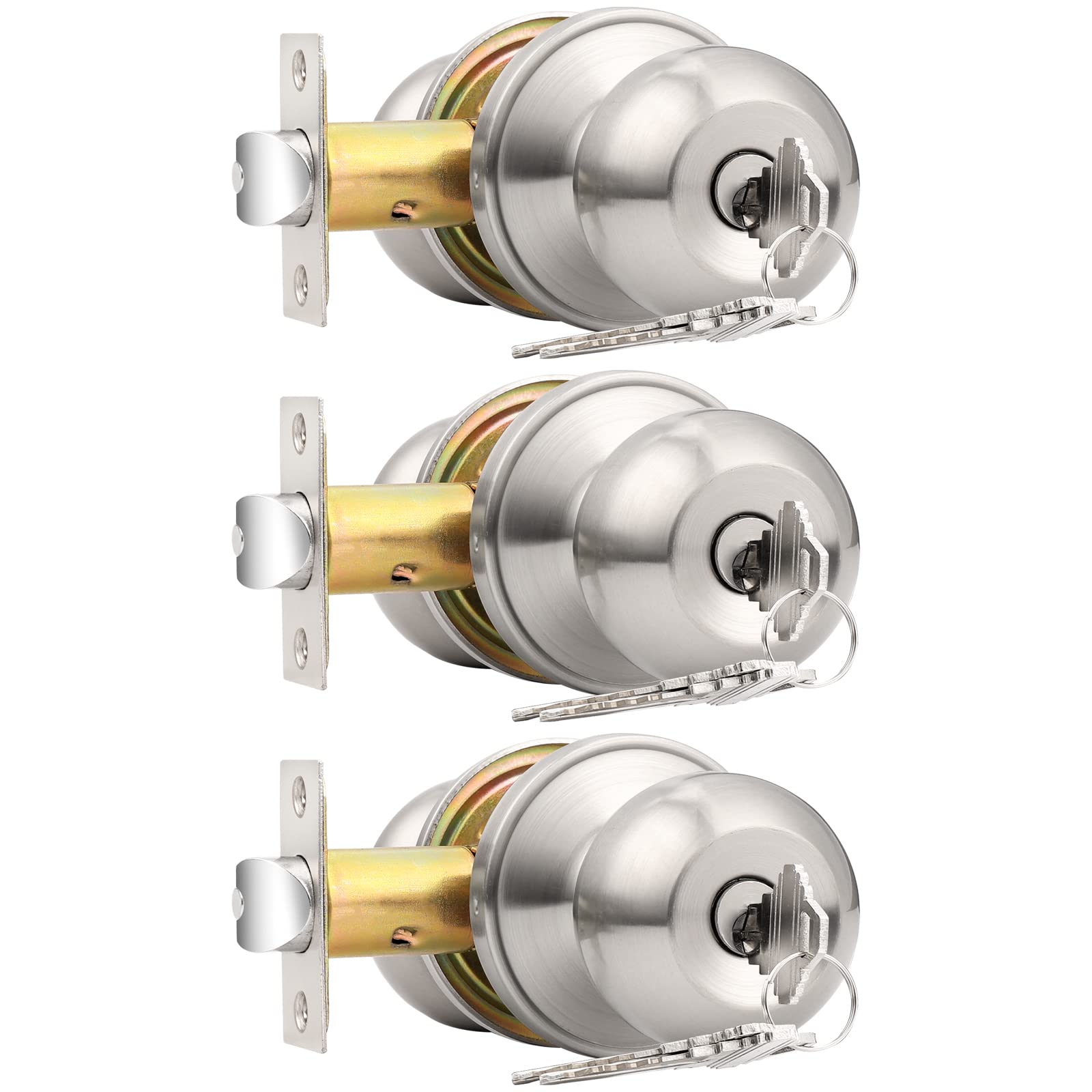 Probrico brushed nickel one keyway ball door knob pack shown for exterior use