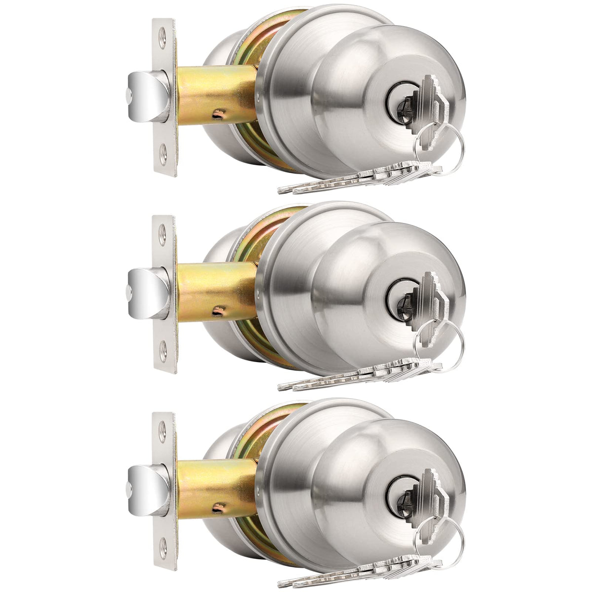 Probrico brushed nickel one keyway ball door knob pack shown for exterior use