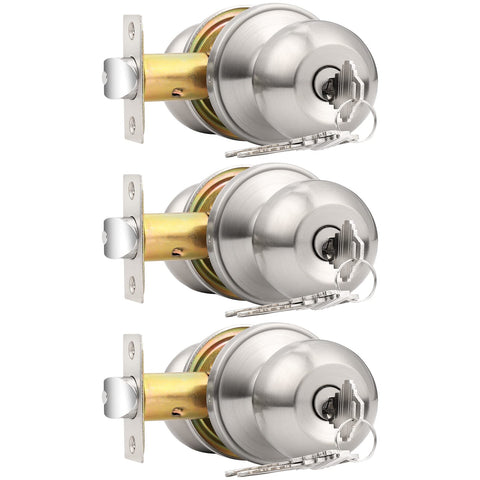Probrico brushed nickel one keyway ball door knob pack shown for exterior use