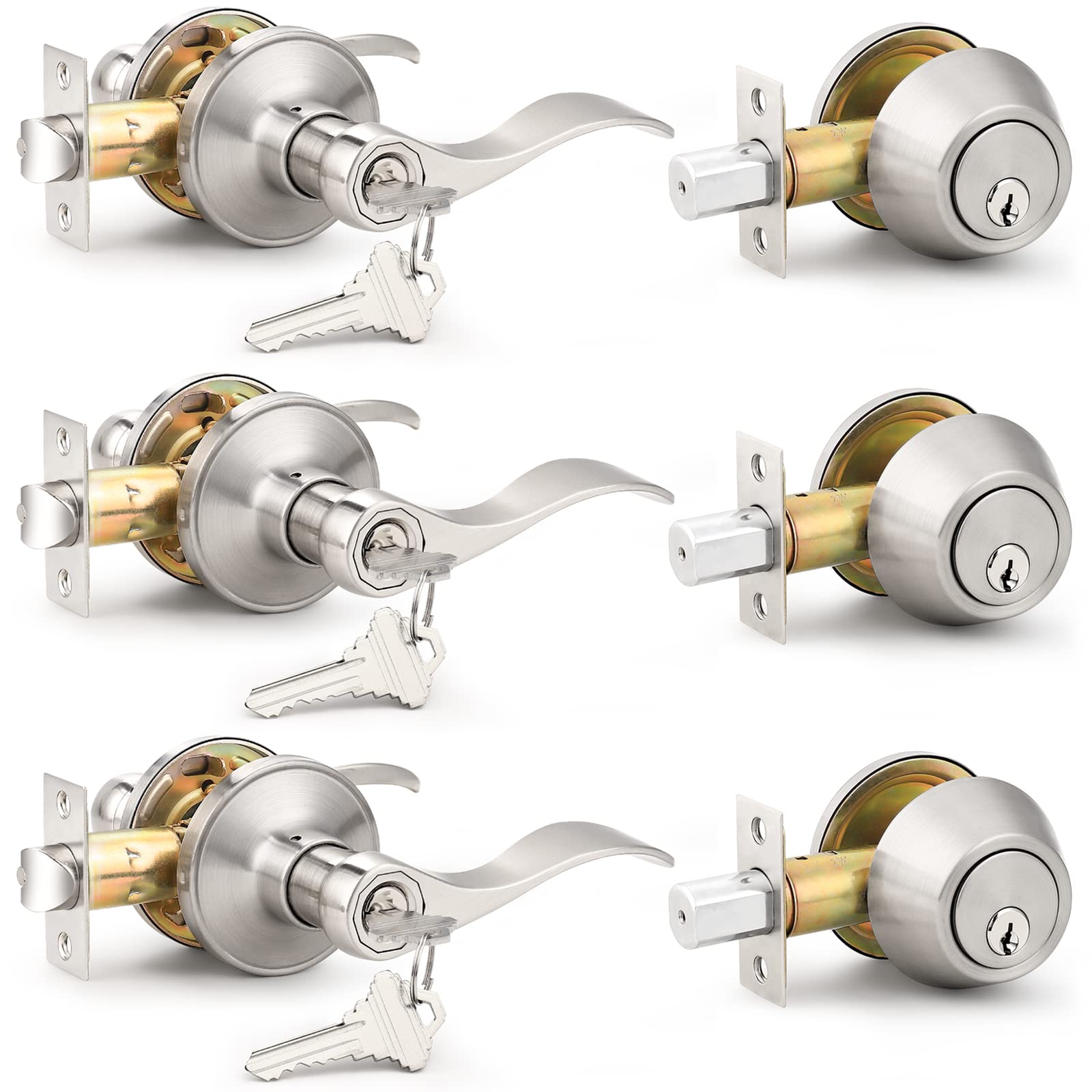 Probrico entrance lever and deadbolt in satin nickel for secure front doors