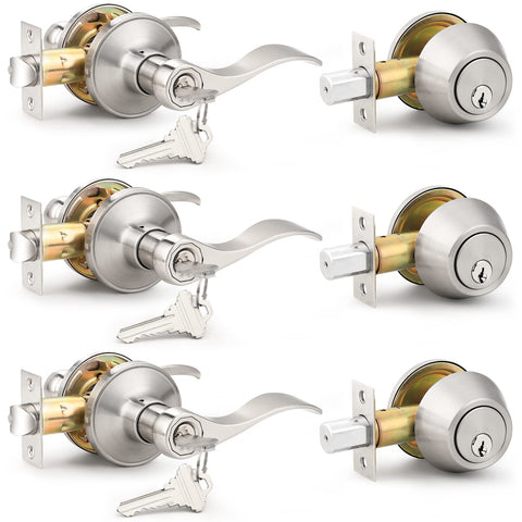 Probrico entrance lever and deadbolt in satin nickel for secure front doors