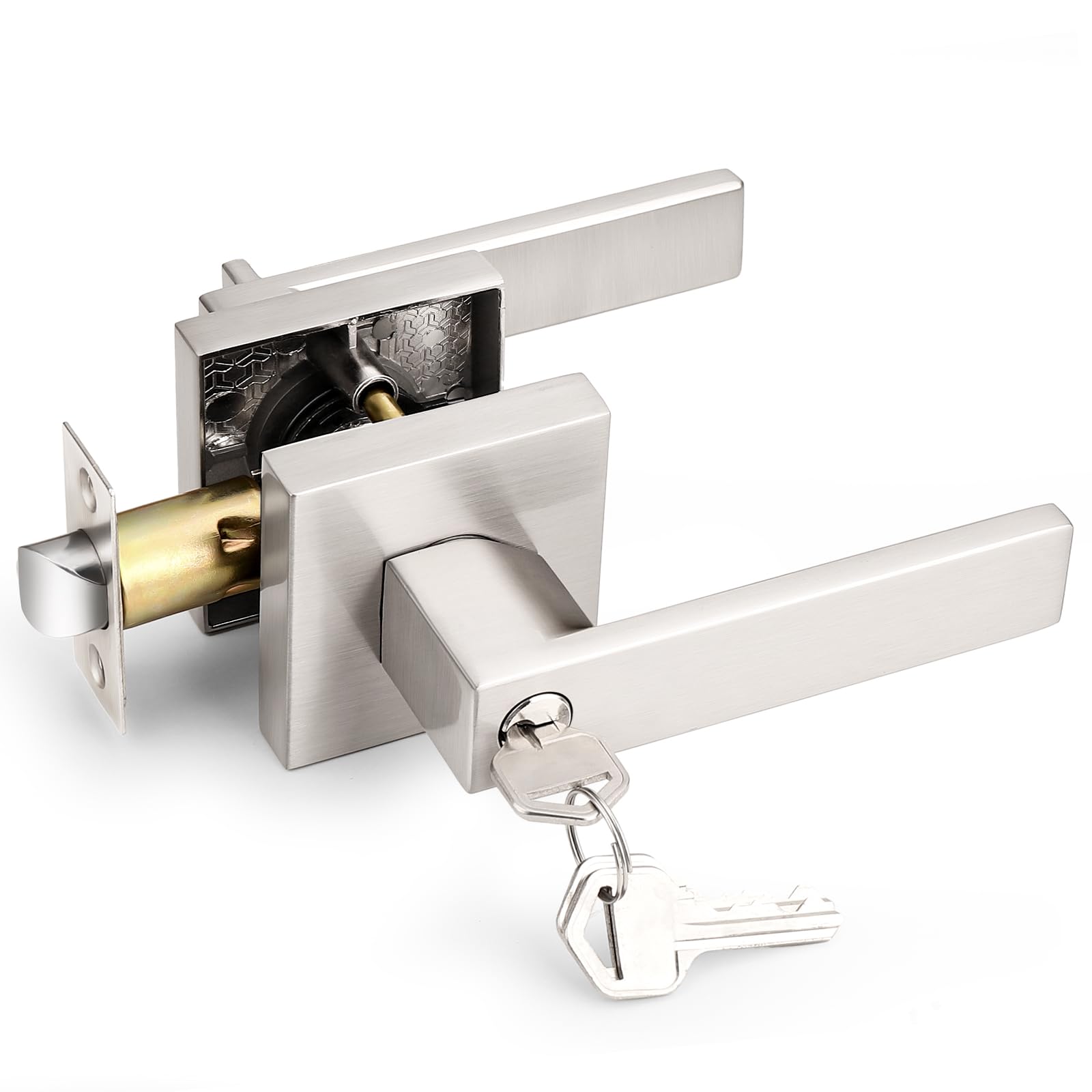 Probrico brushed nickel door lever on exterior door, universal handling