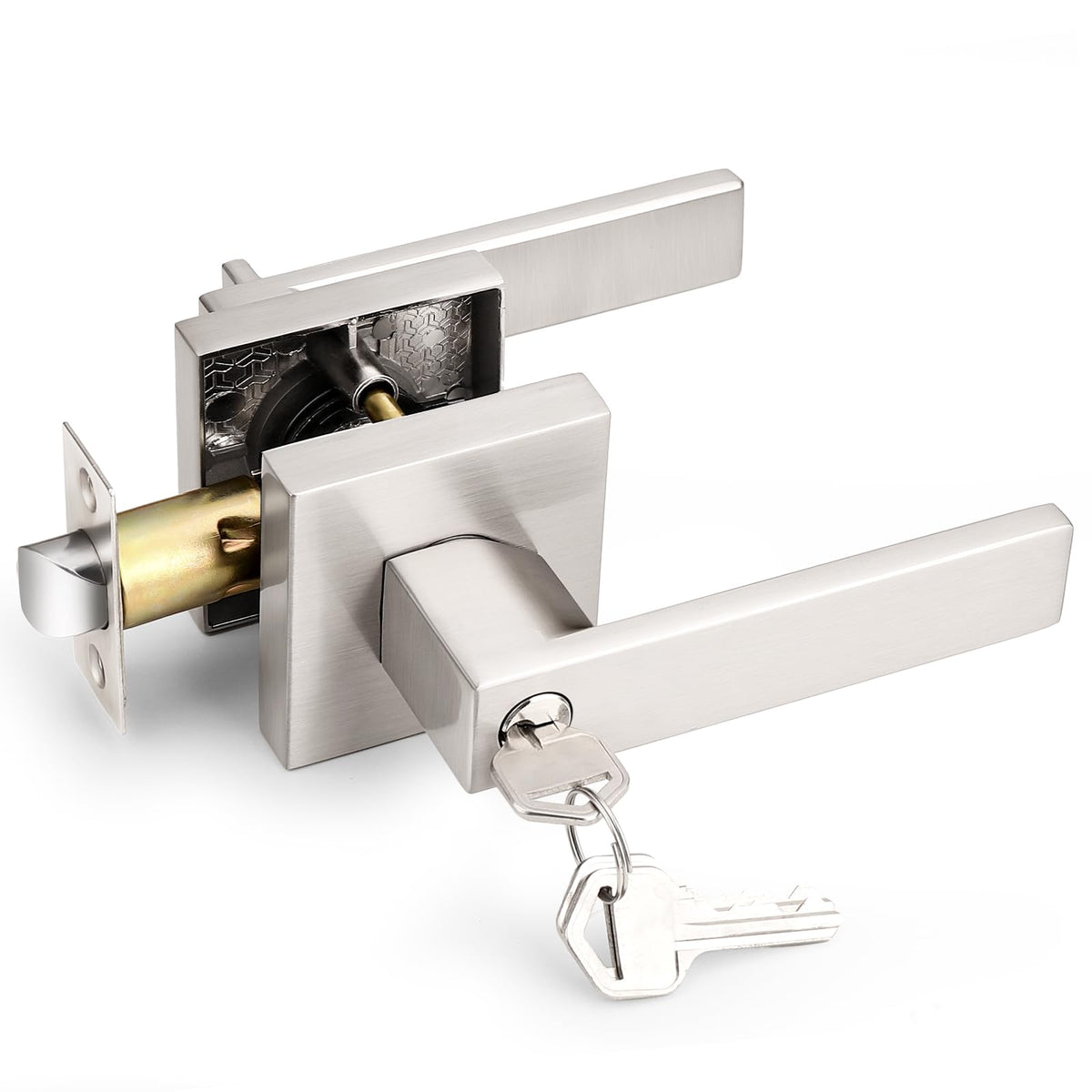 Probrico brushed nickel door lever on exterior door, universal handling