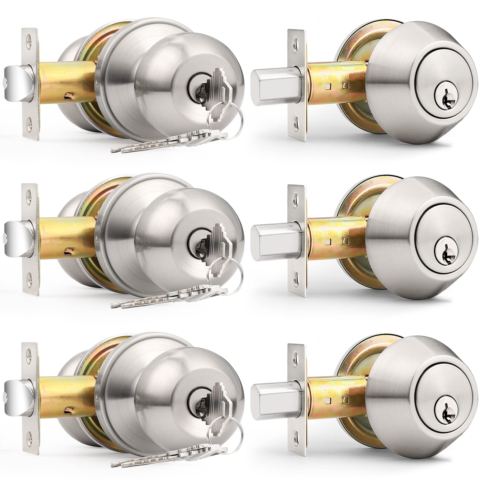 Probrico exterior lock set brushed nickel three-pack keyed-alike for easy access