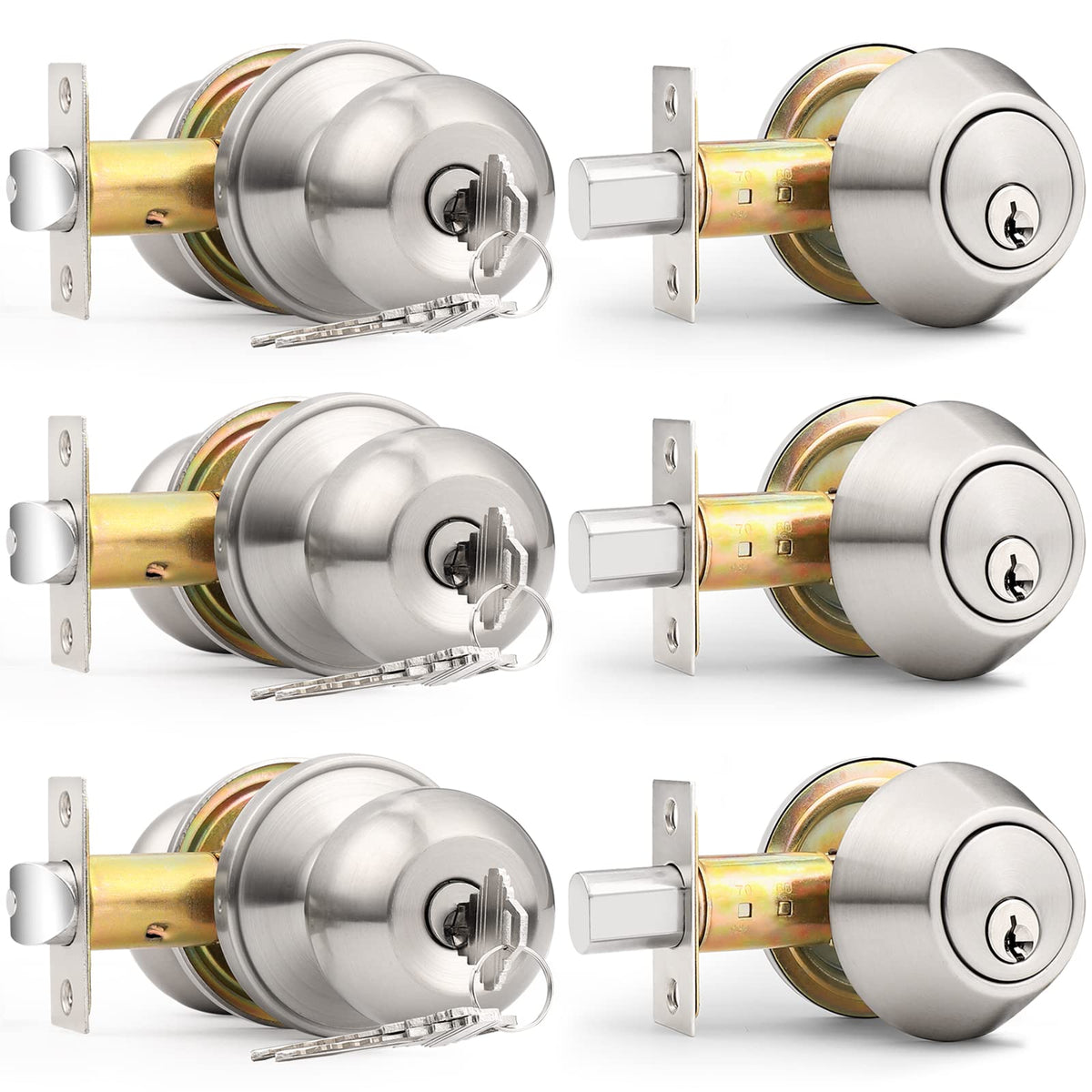 Probrico exterior lock set brushed nickel three-pack keyed-alike for easy access