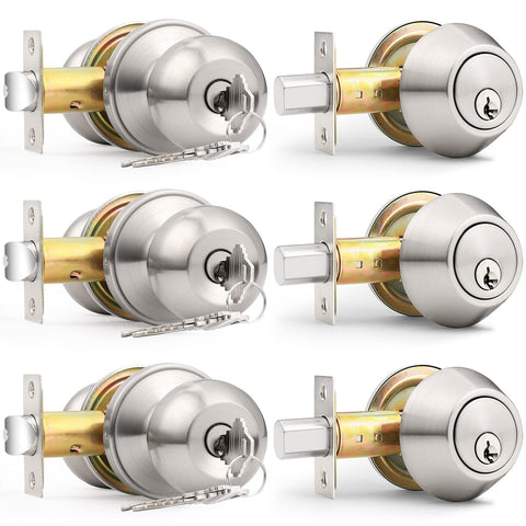 Probrico exterior lock set brushed nickel three-pack keyed-alike for easy access