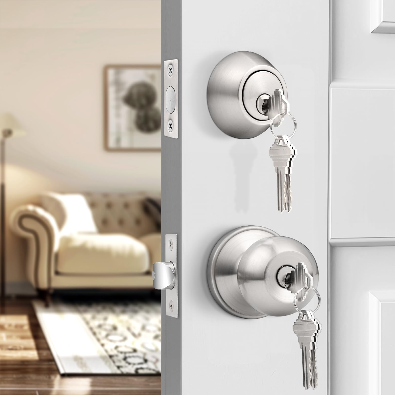 Probrico front door handle with lock in brushed nickel for modern curb appeal