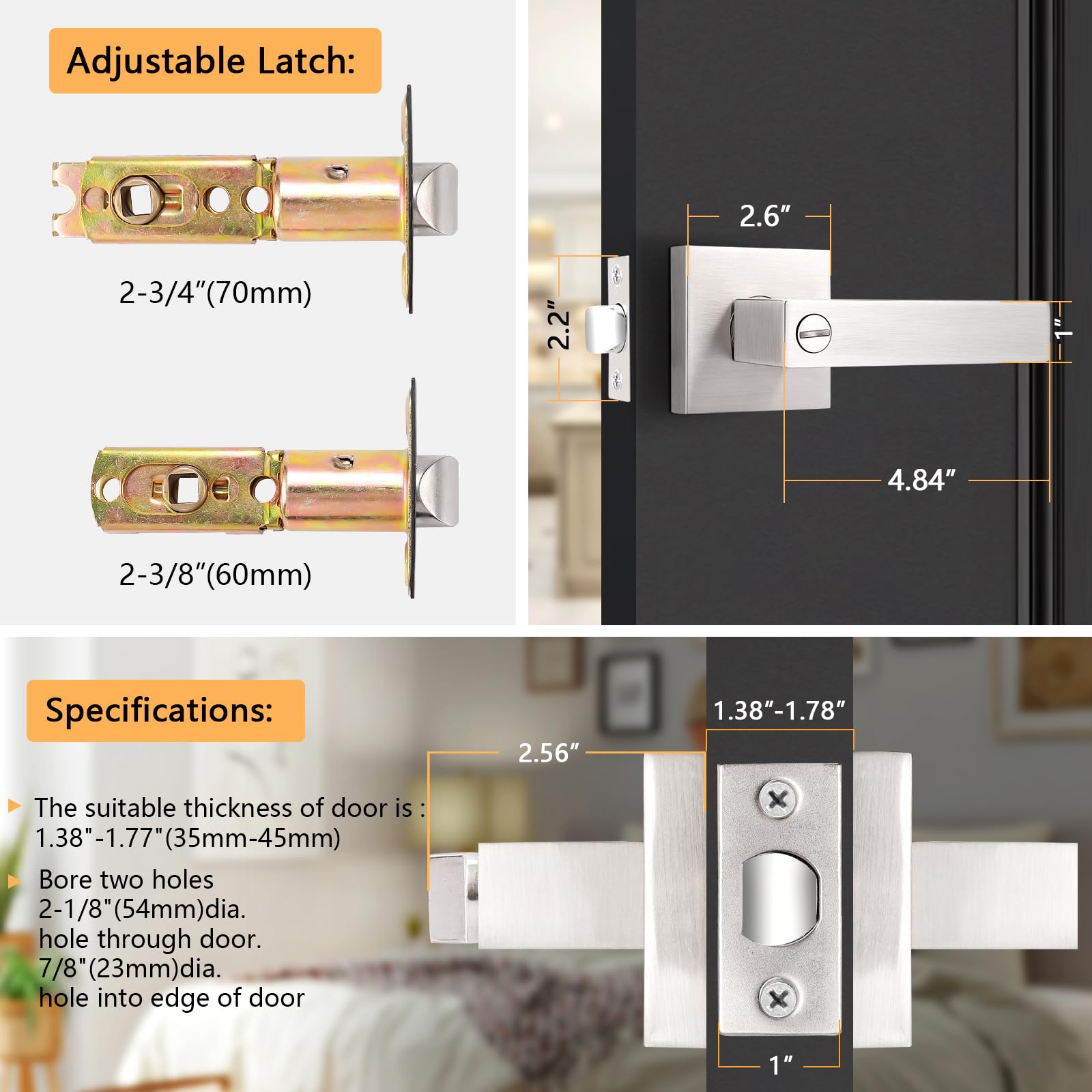 Probrico satin nickel finish door lever with installation accessories included.