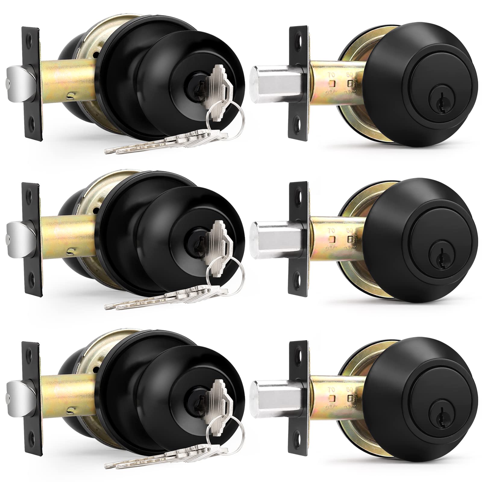 Probrico keyed-alike entry door knobs in flat black, front view for easy access.