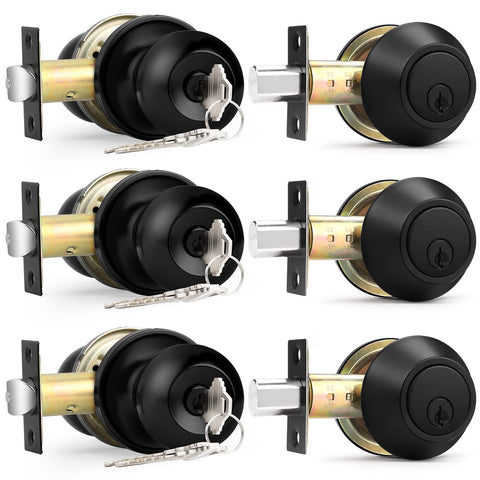 Probrico keyed-alike entry door knobs in flat black, front view for easy access.