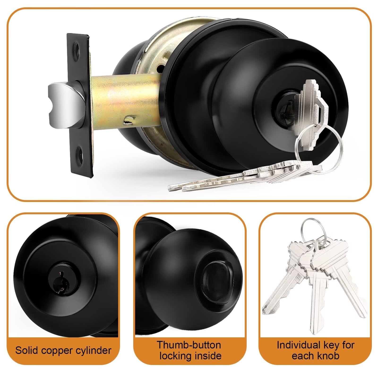 Probrico keyed alike entry knob black back view, compact round interior design for easy handling.