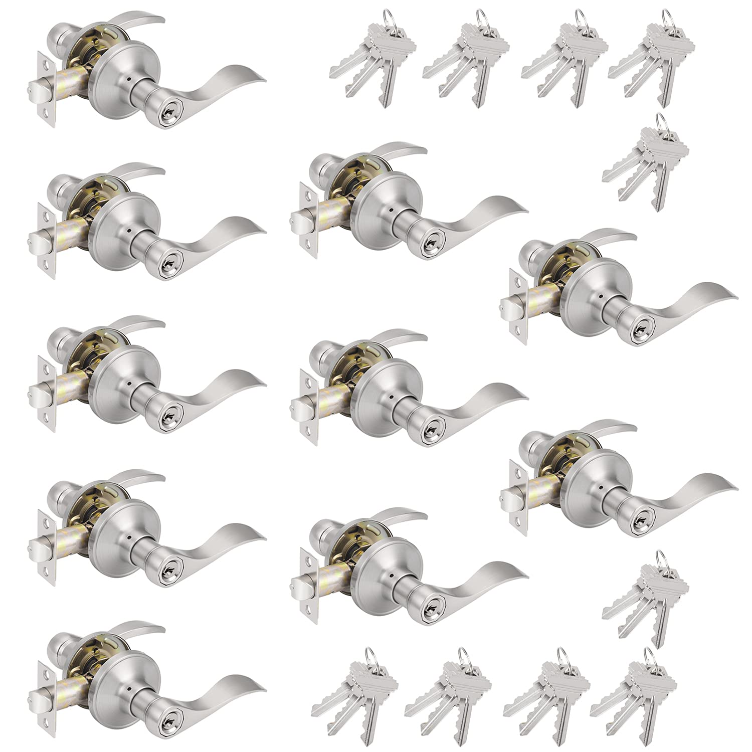 Probrico keyed-alike entry lever in wave satin nickel ensures quick access across doors.