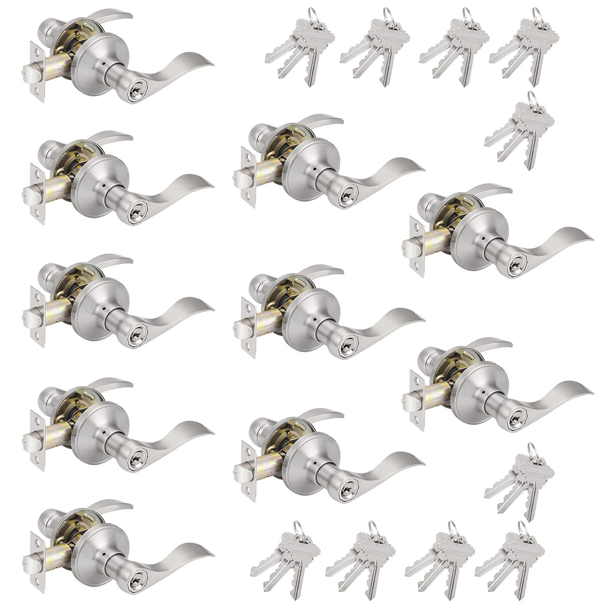Probrico keyed-alike entry lever in wave satin nickel ensures quick access across doors.