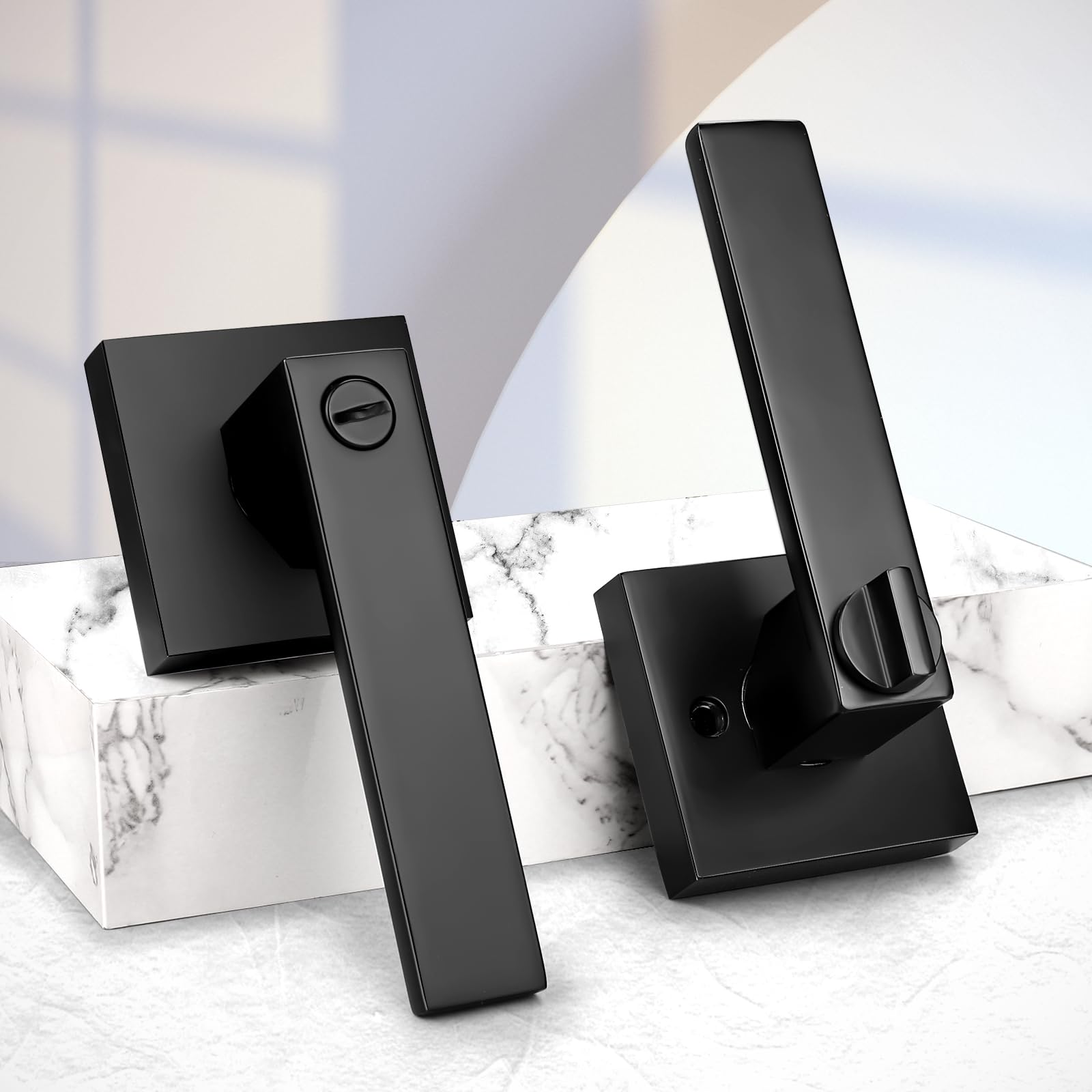 Close up of Probrico matte black square privacy lever finish