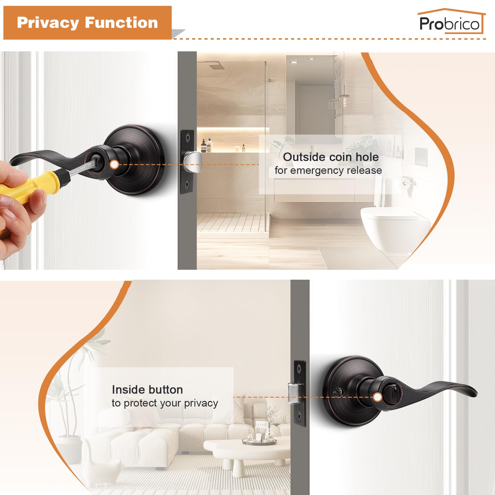 Probrico privacy lever outside with emergency tool unlock.