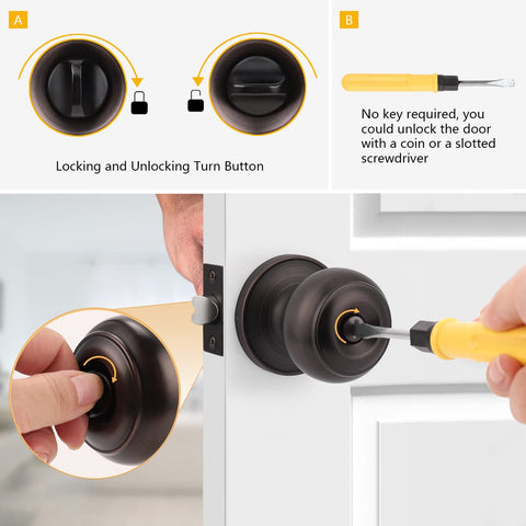 Probrico privacy door knob locking mechanism outside view with coin override feature.