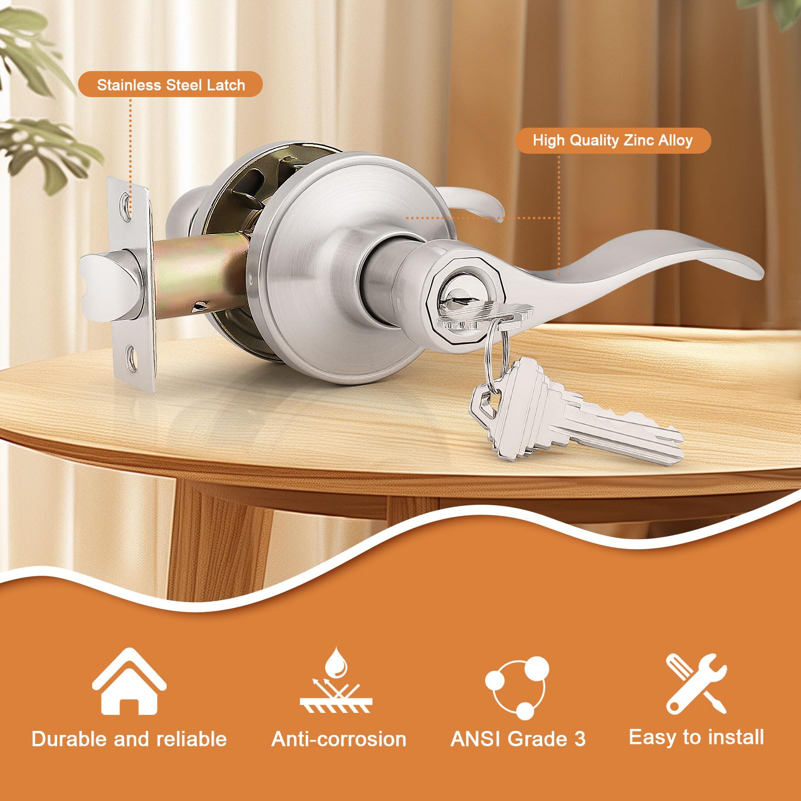 Probrico satin nickel entry lever side view shows ergonomic grip for easy operation.