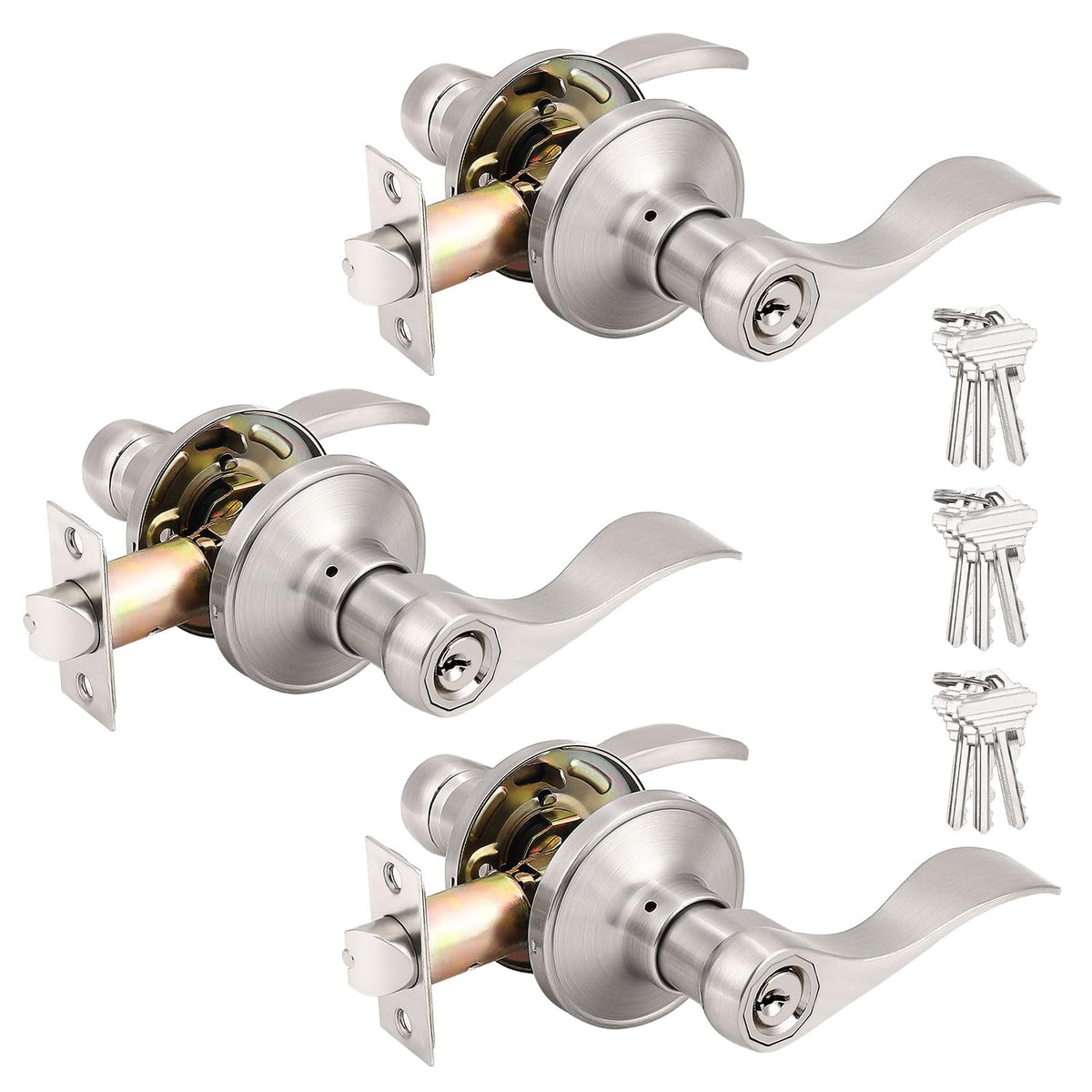 Probrico satin nickel keyed-alike 3-pack entry levers for simple key control