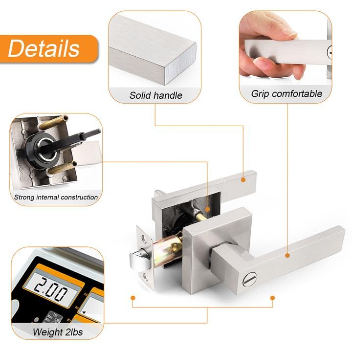 Probrico satin nickel square privacy lever latch close-up showing mechanism