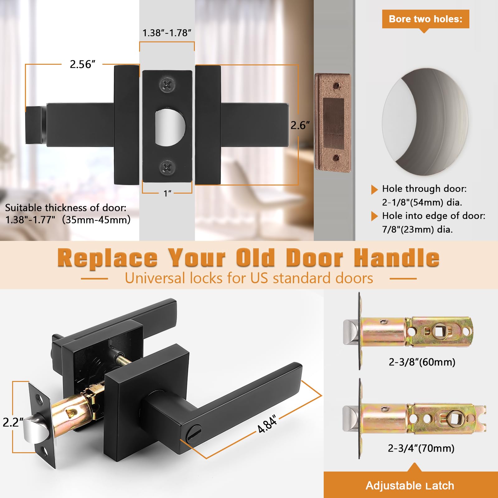 Universal latch fitting doors 1-1/4 to 1-3/4 inch thick