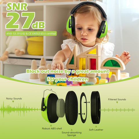 ProCase headphones for kids in green, extended headband for growing heads