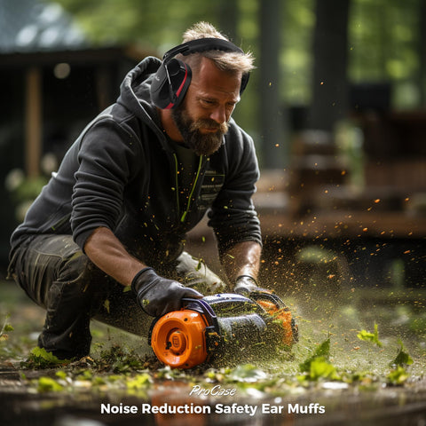 ProCase ear muffs in use during lawn mowing and construction tasks.