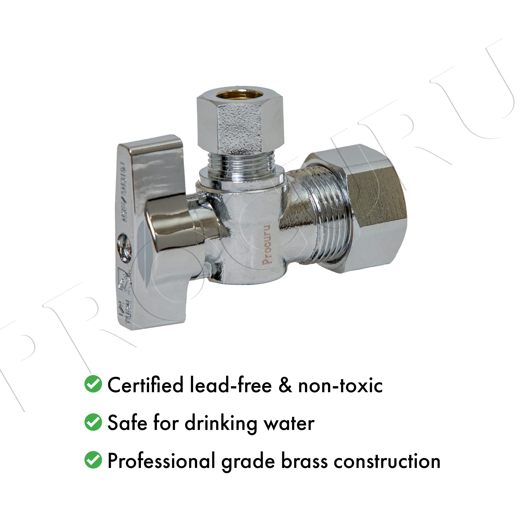 PROCURU angle stop valve installed under a sink for quick fixture repairs.