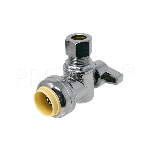 PROCURU pushfit angle stop valve side inlet view demonstrates 1/2in nominal pipe compatibility.