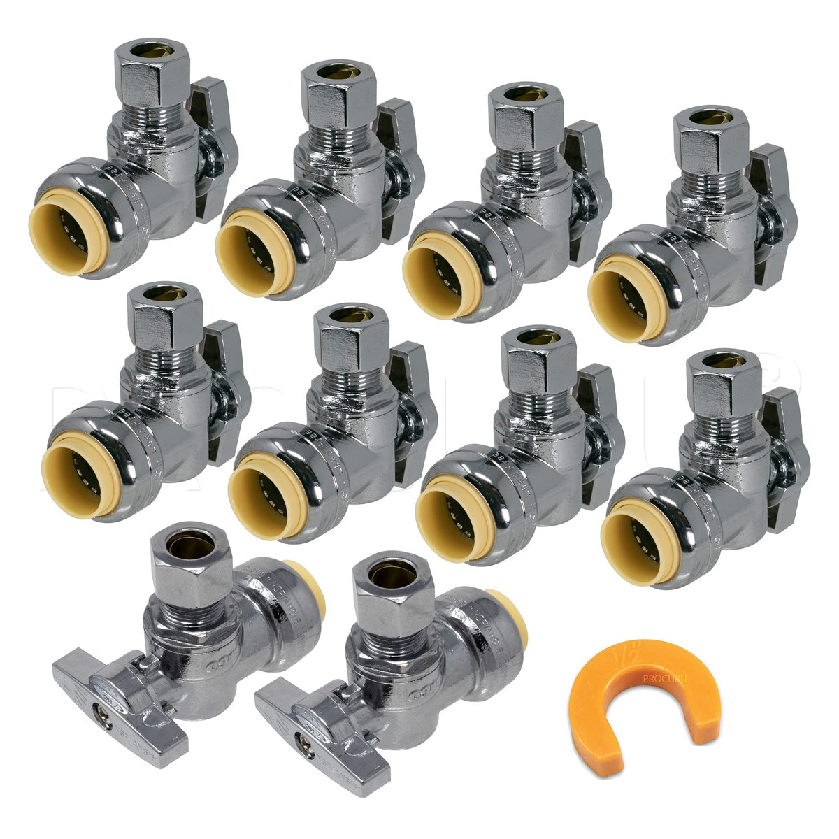 PROCURU PushFit angle stop valve assembly for quick, tool-free connections.
