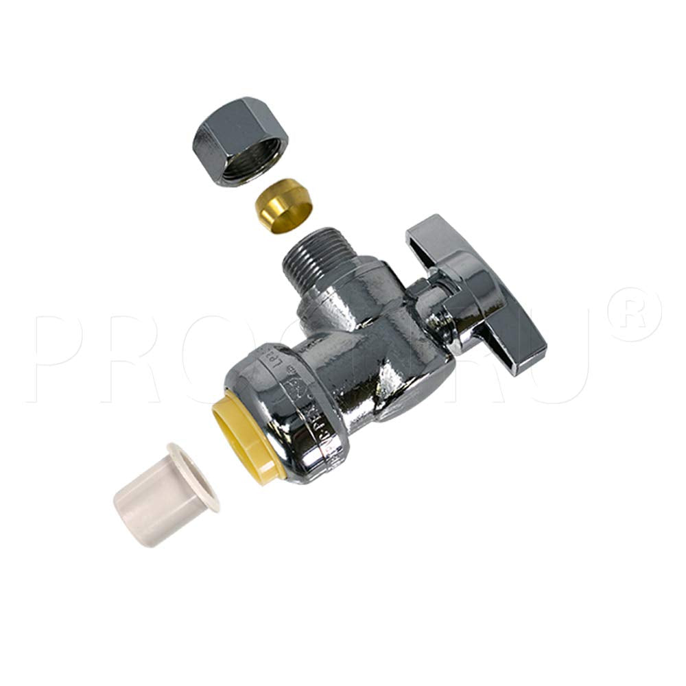 Close-up of PROCURU brass PushFit angle stop valve showing durable construction.
