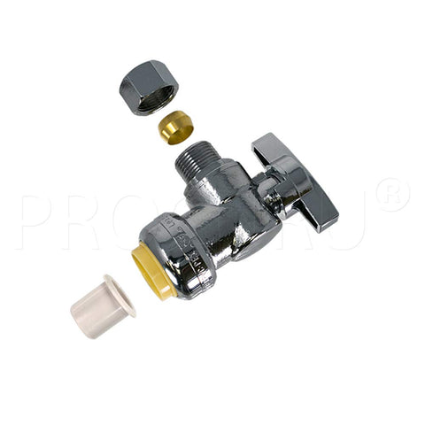 Close-up of PROCURU brass PushFit angle stop valve showing durable construction.