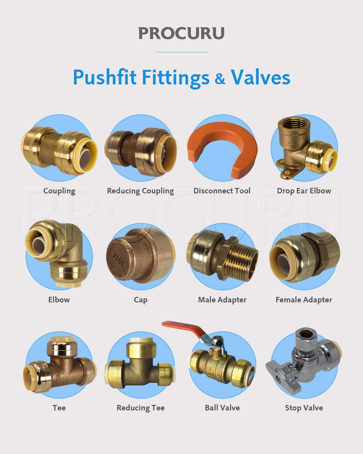 PROCURU valve with 1/2-inch push-to-connect inlet and 3/8-inch compression outlet for versatile connections.