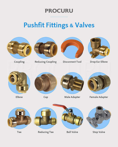 PROCURU valve with 1/2-inch push-to-connect inlet and 3/8-inch compression outlet for versatile connections.