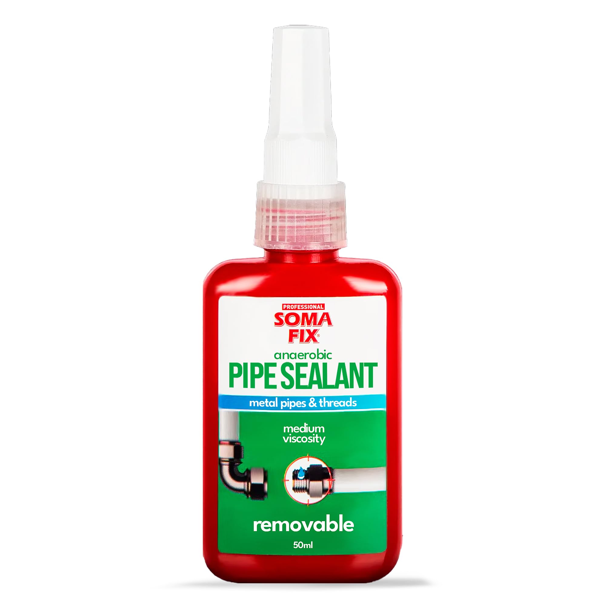 Professional Soma Fix pipe thread sealant bottle ready for leak-free sealing around fittings.