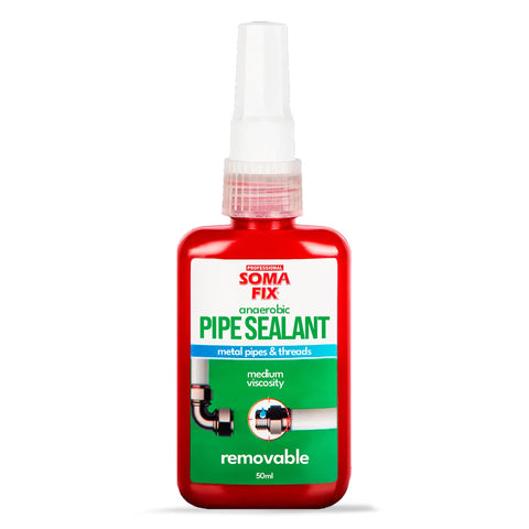Professional Soma Fix pipe thread sealant bottle ready for leak-free sealing around fittings.