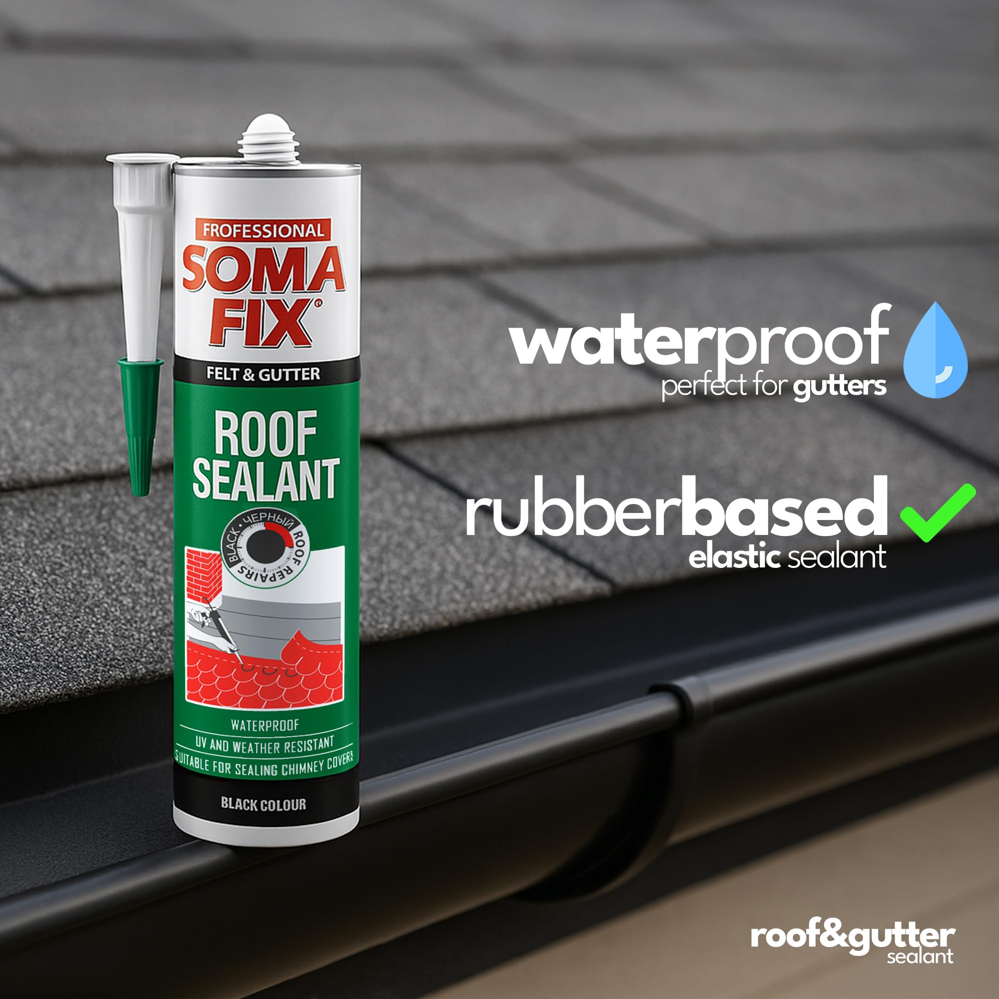 Finished black roof joints with Professional Soma Fix weatherproof seal