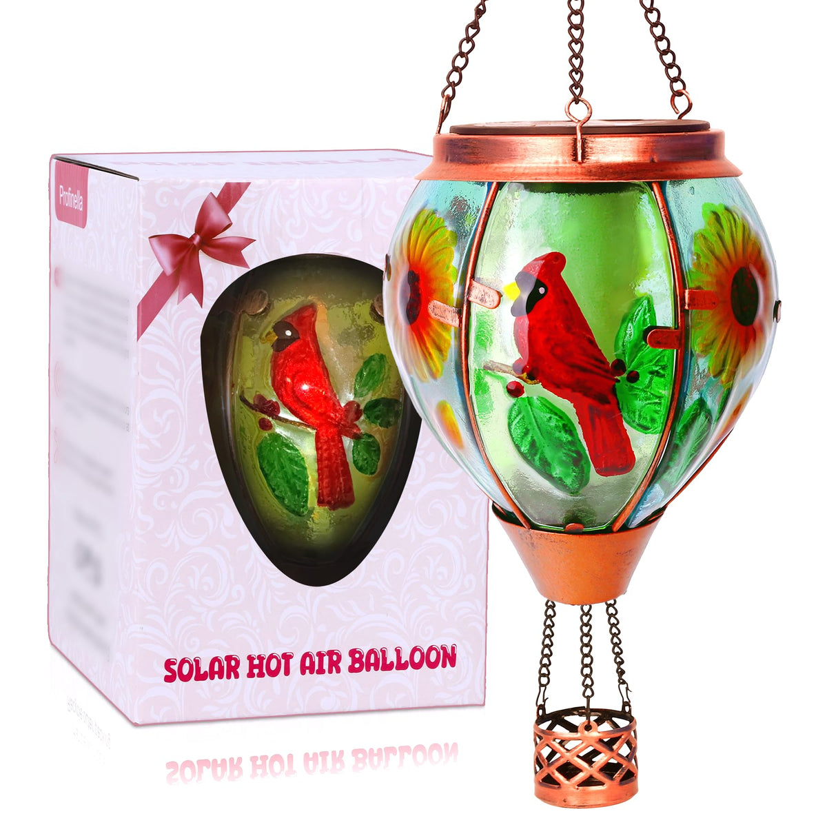 Profinella solar hot air balloon lantern with cardinal glass glows warmly for garden nights