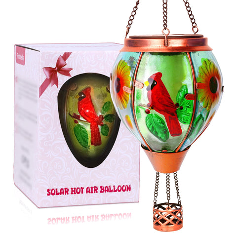 Profinella solar hot air balloon lantern with cardinal glass glows warmly for garden nights