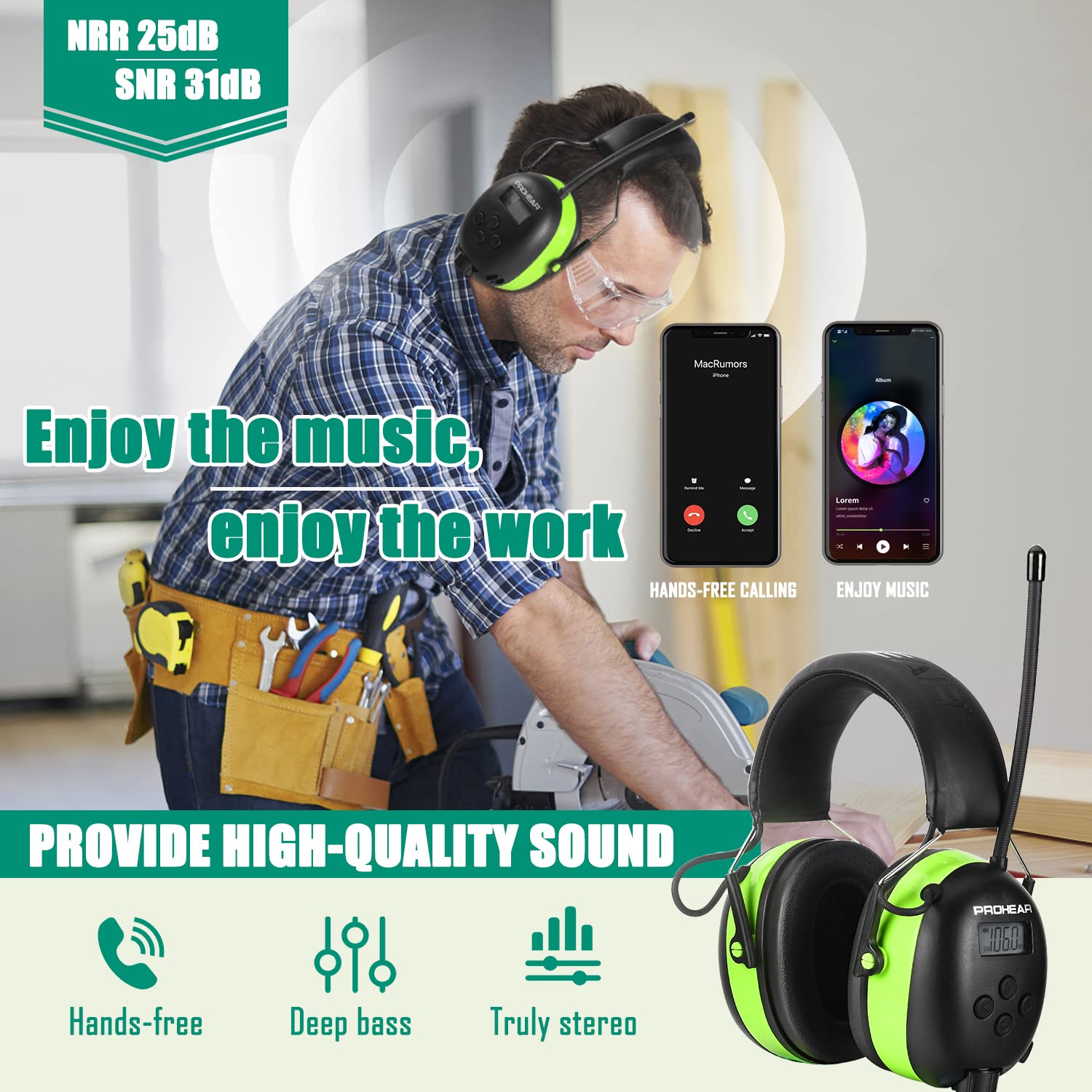 PROHEAR 033 noise reduction earmuffs show NRR 25dB and SNR 31dB.