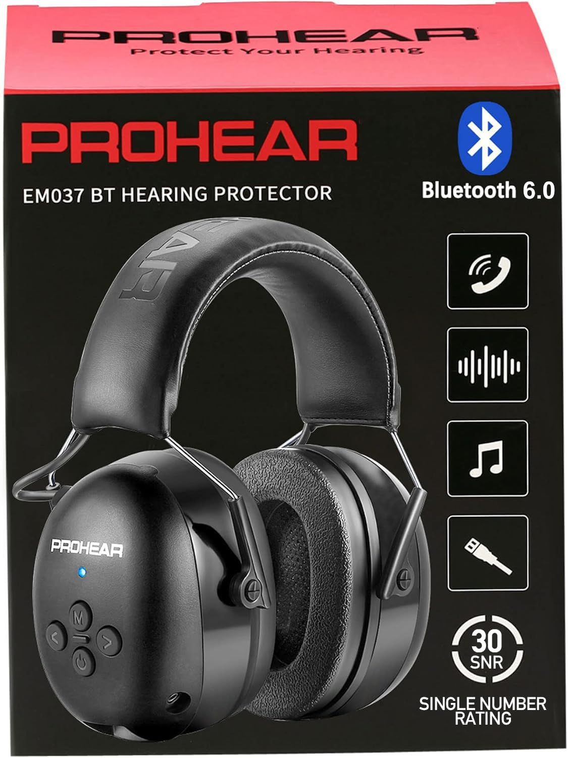 PROHEAR 037 Bluetooth headphones front view with protective earmuffs for quiet work.