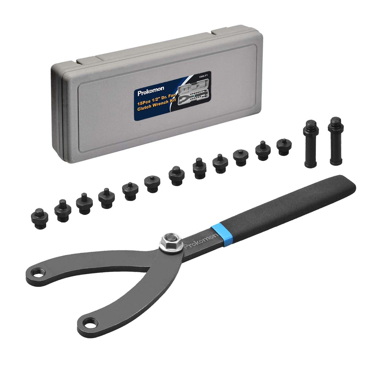 Prokomon pin wrench in adjustable mode for versatile pulley alignment.