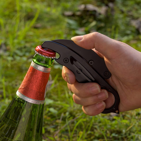 Promithi folding morphing knife bottle opener in action supports convenient outdoor refreshments.