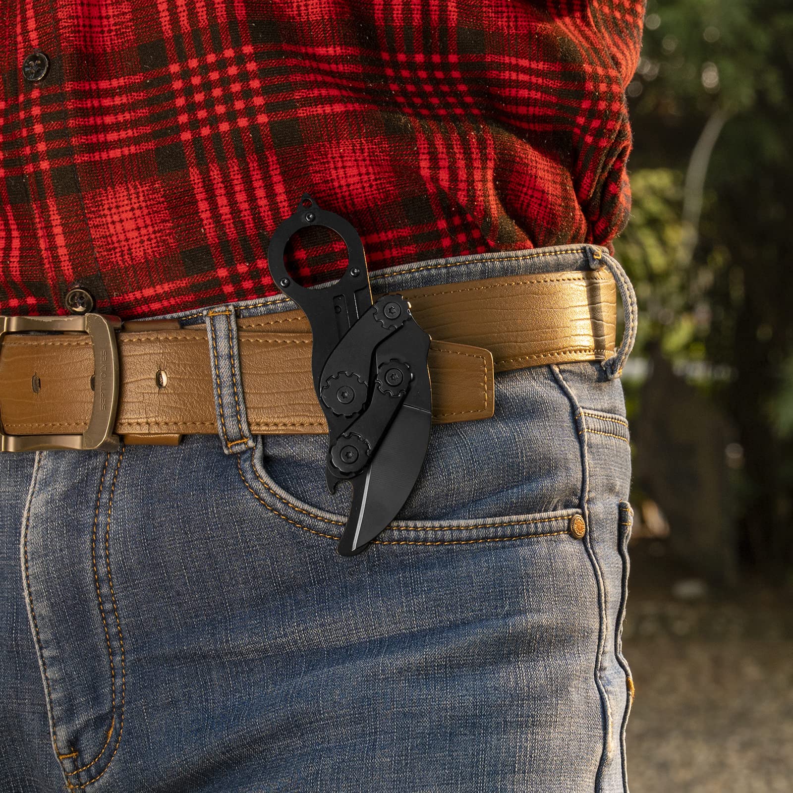 Promithi folding morphing knife outdoor setup shows rugged, versatile camping companion.