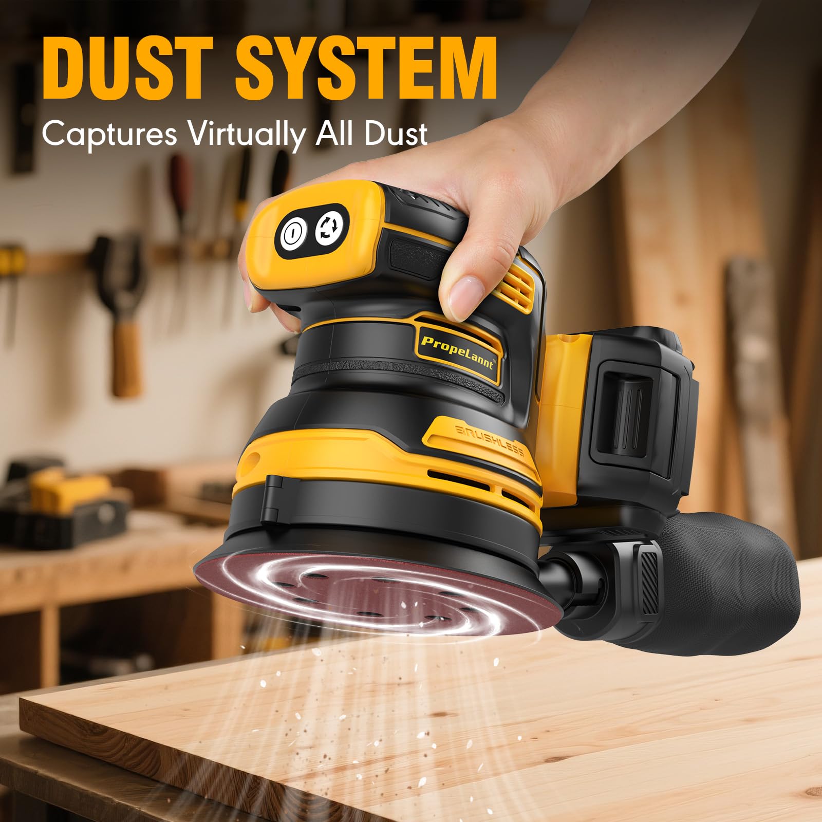 Propelannt cordless 5-inch palm sander designed for portable use