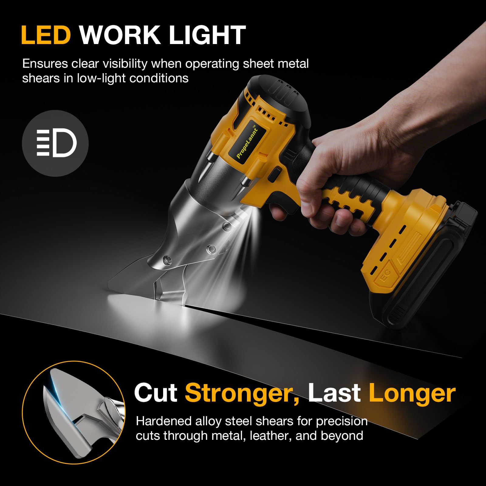 Propelannt multi-material cutting handles metal, leather, carpet, and cardboard.