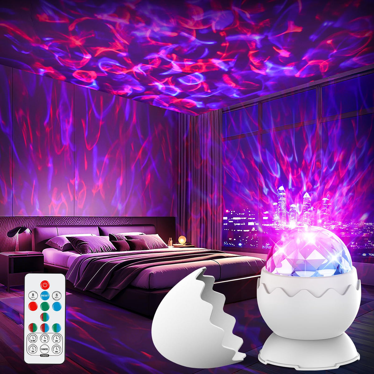 Proran Galaxy Projector fills ceiling with nebula ambience for calming bedtime scene.