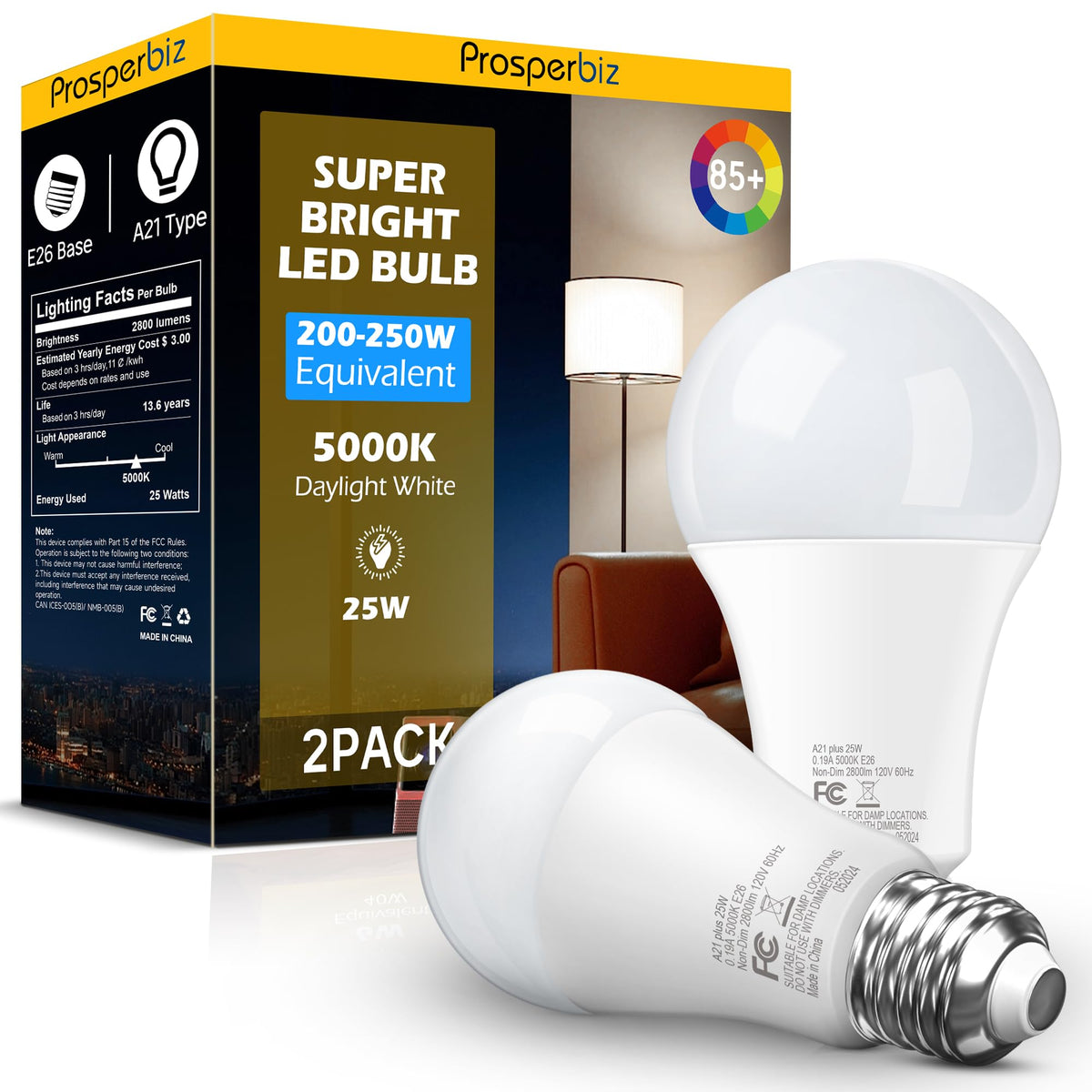 Prosperbiz 200W LED bulb with exposed filament for a classic look and bright illumination.